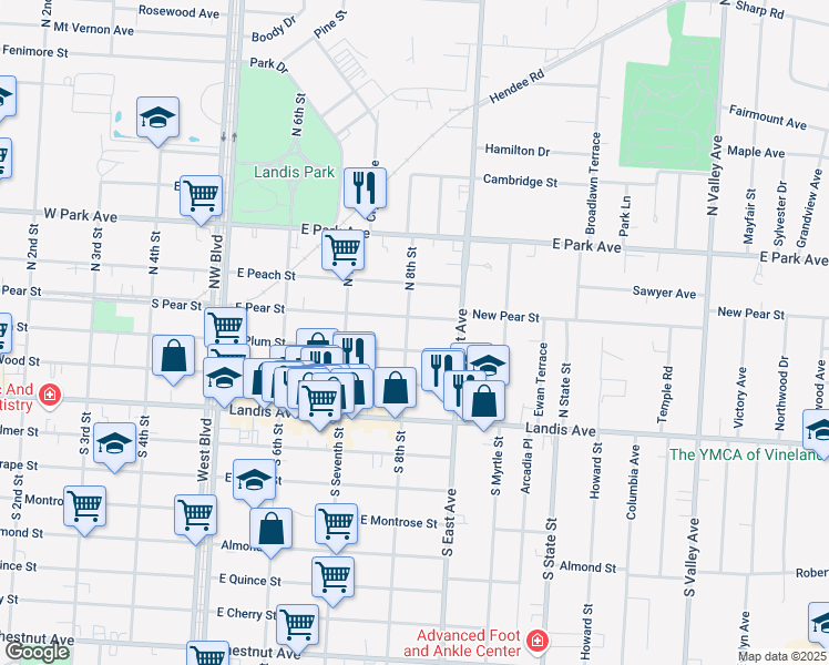 map of restaurants, bars, coffee shops, grocery stores, and more near 808 East Pear Street in Vineland