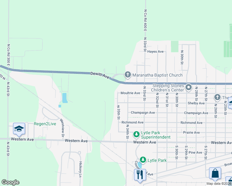 map of restaurants, bars, coffee shops, grocery stores, and more near 32 Westwood in Mattoon