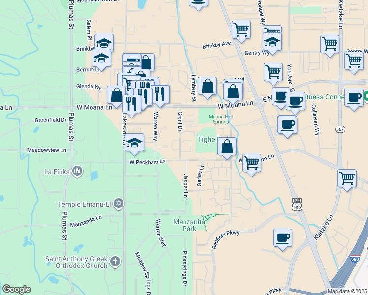 map of restaurants, bars, coffee shops, grocery stores, and more near 3665 Grant Drive in Reno