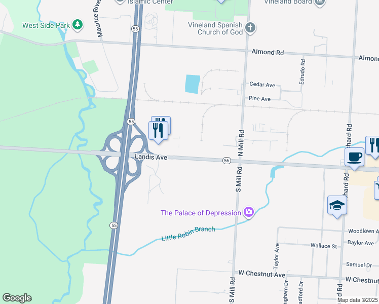 map of restaurants, bars, coffee shops, grocery stores, and more near 2134 New Jersey 56 in Vineland