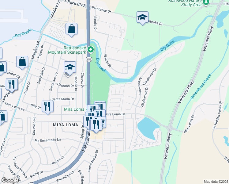 map of restaurants, bars, coffee shops, grocery stores, and more near 3141 May Rose Circle in Reno