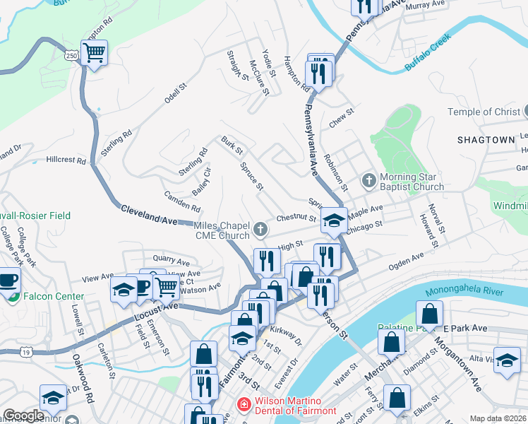 map of restaurants, bars, coffee shops, grocery stores, and more near 642 Monroe Street in Fairmont