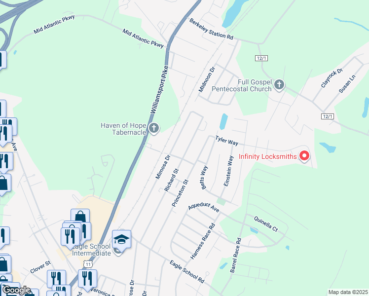 map of restaurants, bars, coffee shops, grocery stores, and more near 485 Richard Street in Martinsburg