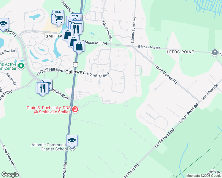 map of restaurants, bars, coffee shops, grocery stores, and more near 723 Ravenwood Drive in Galloway