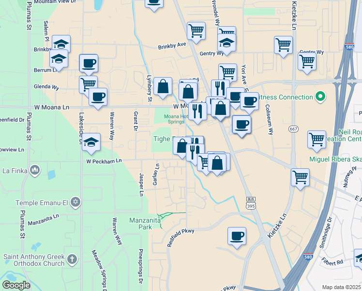 map of restaurants, bars, coffee shops, grocery stores, and more near 3701 Baker Lane in Reno