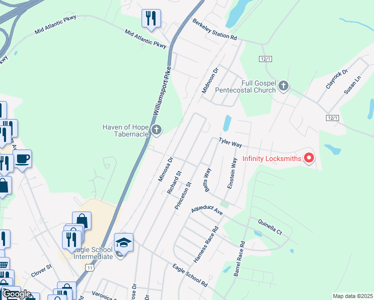 map of restaurants, bars, coffee shops, grocery stores, and more near 485 Richard Street in Martinsburg