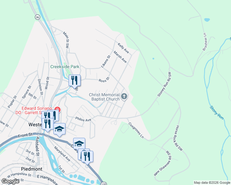 map of restaurants, bars, coffee shops, grocery stores, and more near 229 Green Street in Westernport