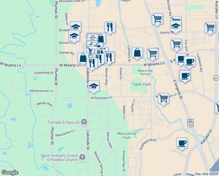 map of restaurants, bars, coffee shops, grocery stores, and more near 3690 Warren Way in Reno