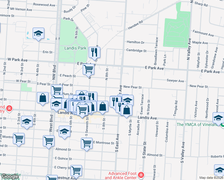 map of restaurants, bars, coffee shops, grocery stores, and more near 808 East Pear Street in Vineland