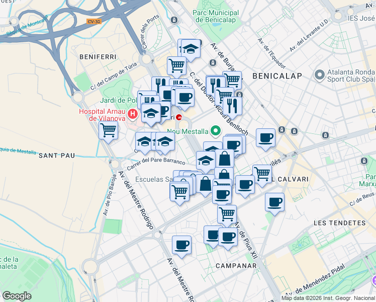 map of restaurants, bars, coffee shops, grocery stores, and more near 15 Avinguda de les Corts Valencianes in València