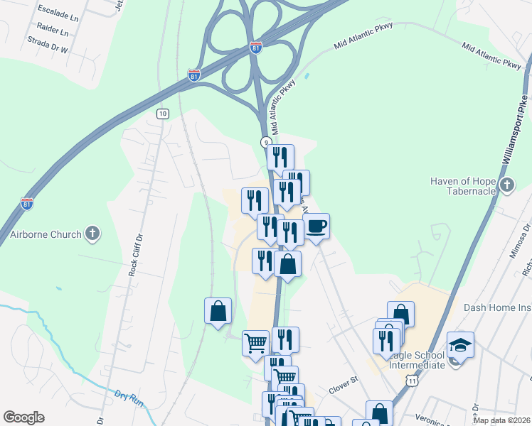 map of restaurants, bars, coffee shops, grocery stores, and more near 17 Wagley Drive in Martinsburg