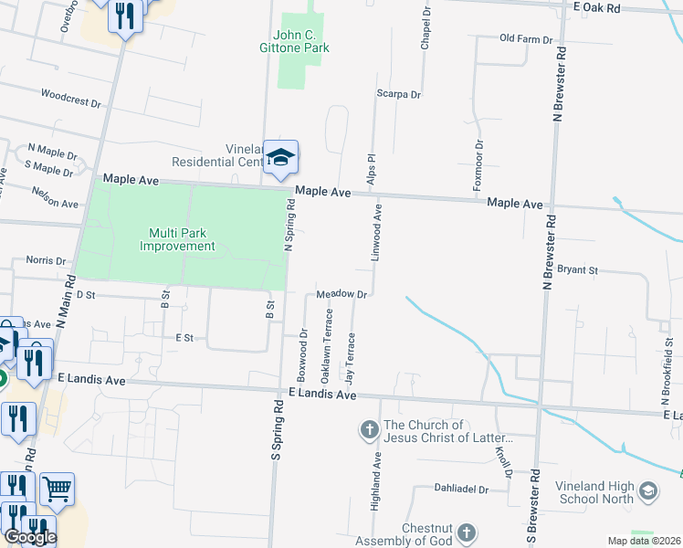 map of restaurants, bars, coffee shops, grocery stores, and more near 2188 Megan Court in Vineland