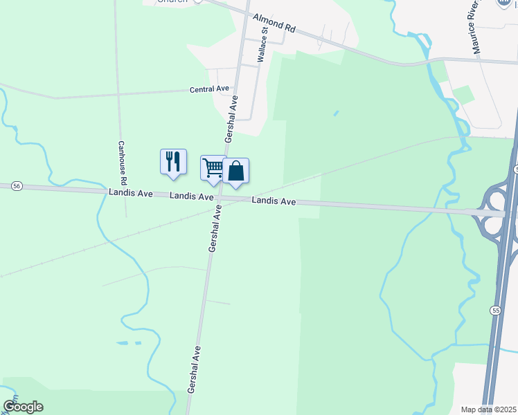 map of restaurants, bars, coffee shops, grocery stores, and more near 1283 Landis Avenue in Elmer