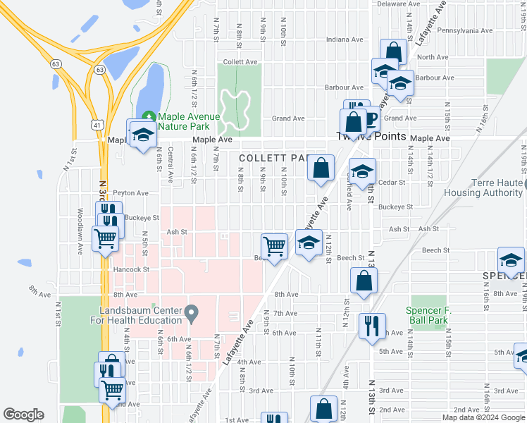 map of restaurants, bars, coffee shops, grocery stores, and more near 801 Buckeye Street in Terre Haute