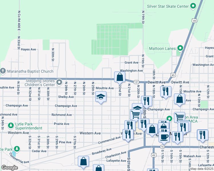map of restaurants, bars, coffee shops, grocery stores, and more near 601-699 North 23rd Street in Mattoon