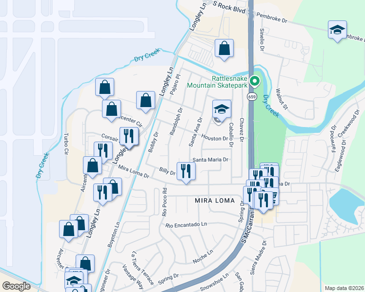 map of restaurants, bars, coffee shops, grocery stores, and more near 2934 South Escondido Court in Reno