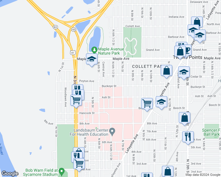map of restaurants, bars, coffee shops, grocery stores, and more near Buckeye Street in Terre Haute