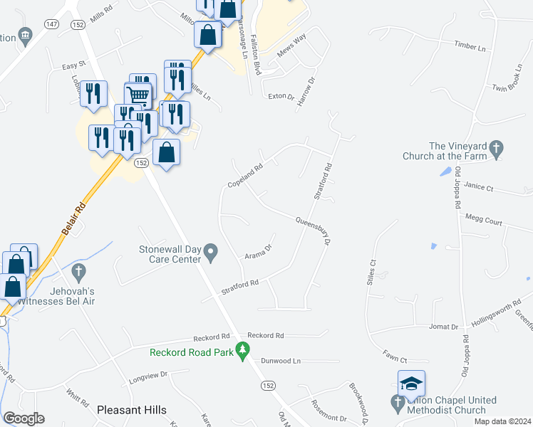map of restaurants, bars, coffee shops, grocery stores, and more near 2305 Queensbury Drive in Fallston