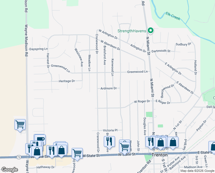 map of restaurants, bars, coffee shops, grocery stores, and more near 423 Kenwood Lane in Trenton