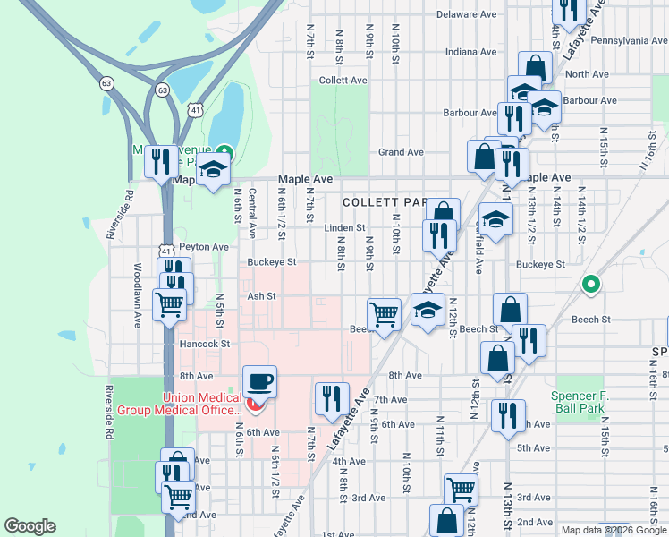 map of restaurants, bars, coffee shops, grocery stores, and more near 701 Buckeye Street in Terre Haute