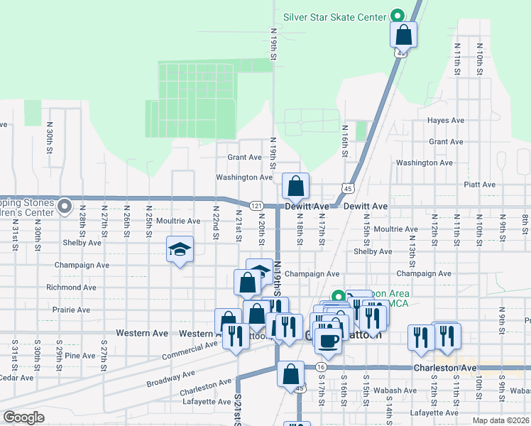 map of restaurants, bars, coffee shops, grocery stores, and more near 1901-1999 Dewitt Avenue in Mattoon