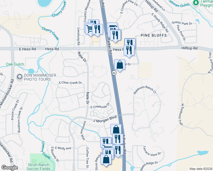 map of restaurants, bars, coffee shops, grocery stores, and more near 12534 South Beaver Creek Way in Parker