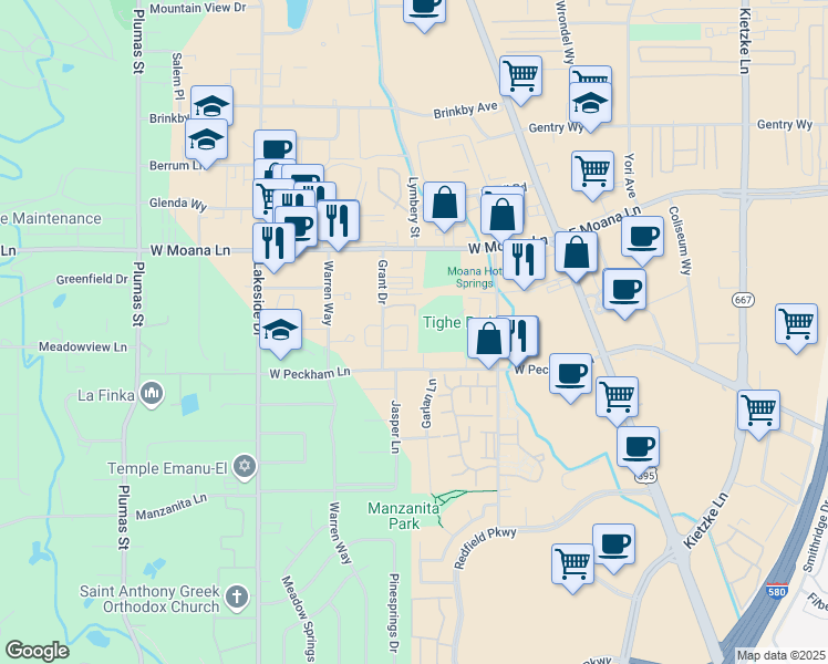 map of restaurants, bars, coffee shops, grocery stores, and more near 3680 Grant Drive in Reno