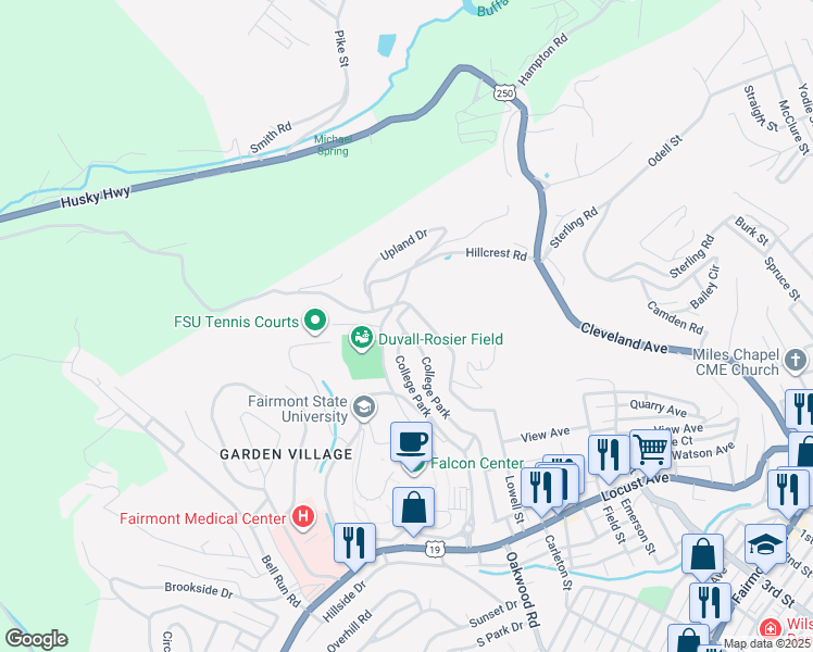 map of restaurants, bars, coffee shops, grocery stores, and more near 1271 College Park in Fairmont