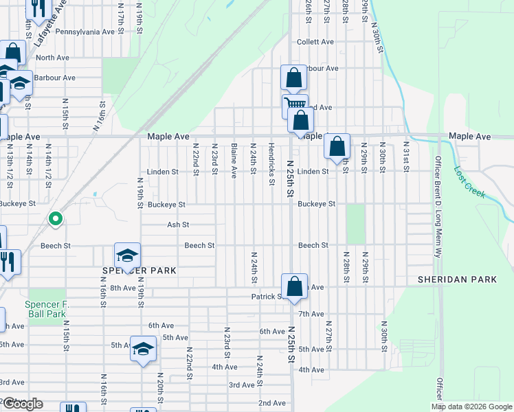 map of restaurants, bars, coffee shops, grocery stores, and more near 1949 North 24th Street in Terre Haute