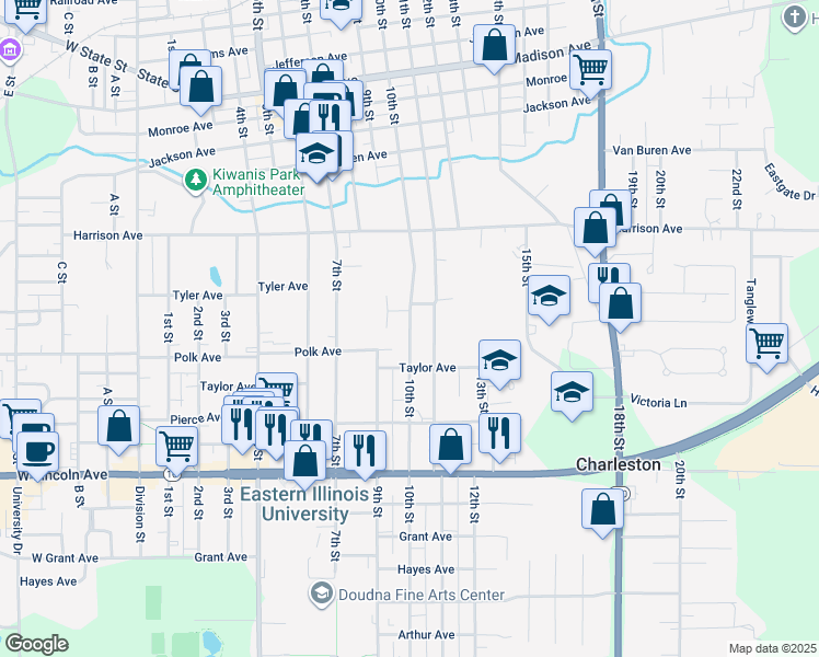 map of restaurants, bars, coffee shops, grocery stores, and more near 10th Street in Charleston
