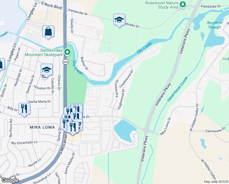 map of restaurants, bars, coffee shops, grocery stores, and more near 3170 Creekwood Drive in Reno
