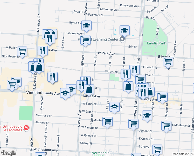 map of restaurants, bars, coffee shops, grocery stores, and more near 217 North 2nd Street in Vineland