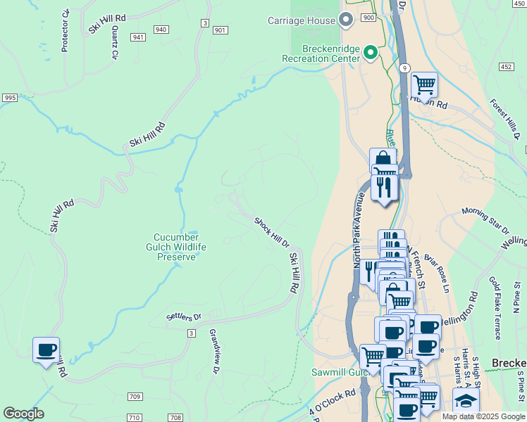 map of restaurants, bars, coffee shops, grocery stores, and more near 16 Regent Drive in Breckenridge