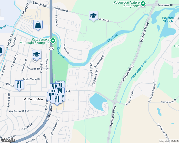 map of restaurants, bars, coffee shops, grocery stores, and more near 3170 Creekwood Drive in Reno
