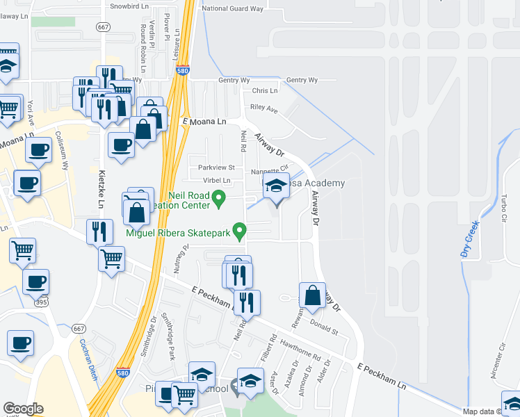 map of restaurants, bars, coffee shops, grocery stores, and more near 3870 Neil Road in Reno