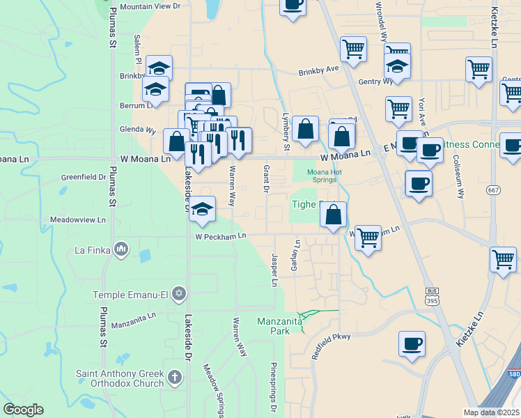 map of restaurants, bars, coffee shops, grocery stores, and more near 3665 Grant Drive in Reno