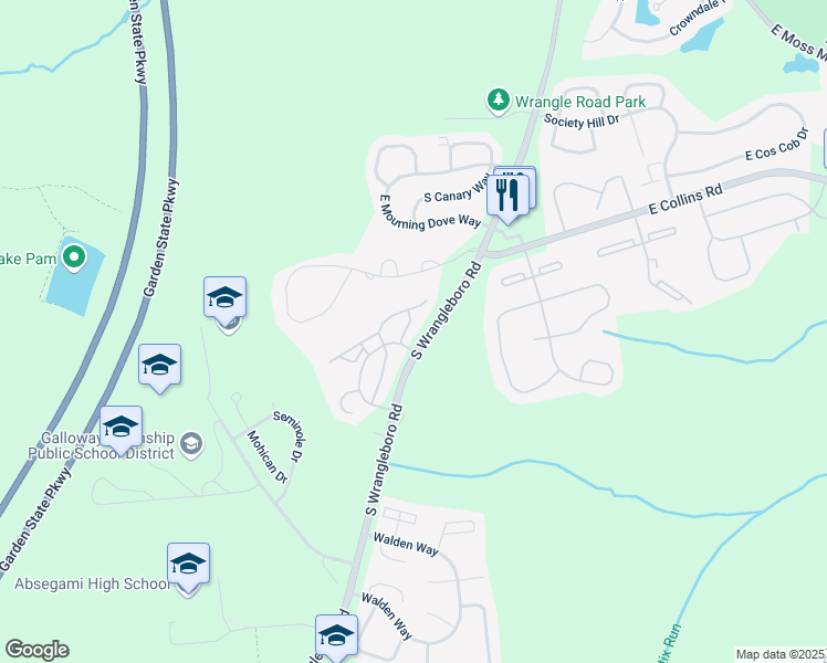 map of restaurants, bars, coffee shops, grocery stores, and more near 165 South Wrangleboro Road in Galloway