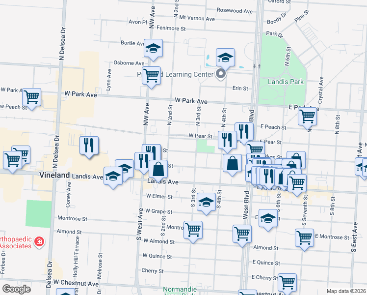 map of restaurants, bars, coffee shops, grocery stores, and more near 235 North 3rd Street in Vineland