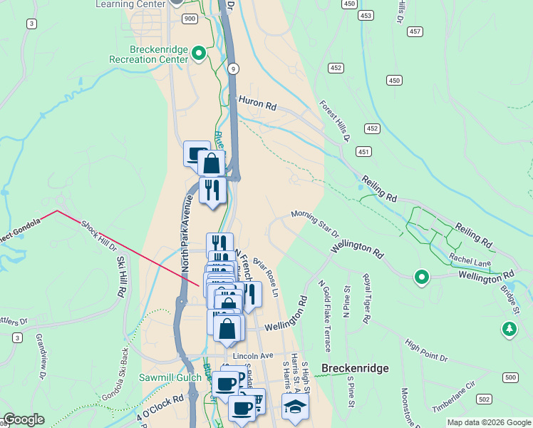 map of restaurants, bars, coffee shops, grocery stores, and more near 305 Royal Tiger Road in Breckenridge