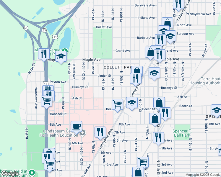 map of restaurants, bars, coffee shops, grocery stores, and more near 1838 North 9th Street in Terre Haute