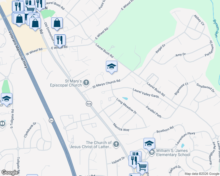 map of restaurants, bars, coffee shops, grocery stores, and more near 154 Laurel Valley Court in Abingdon