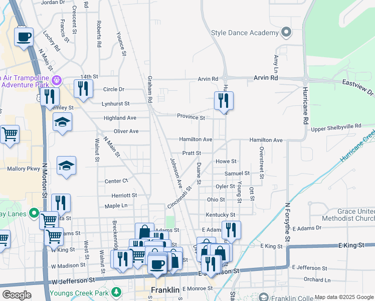 map of restaurants, bars, coffee shops, grocery stores, and more near 200 Pratt Street in Franklin