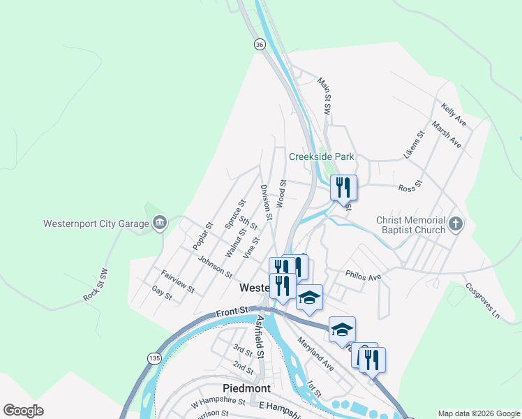 map of restaurants, bars, coffee shops, grocery stores, and more near 444 Walnut Street in Westernport