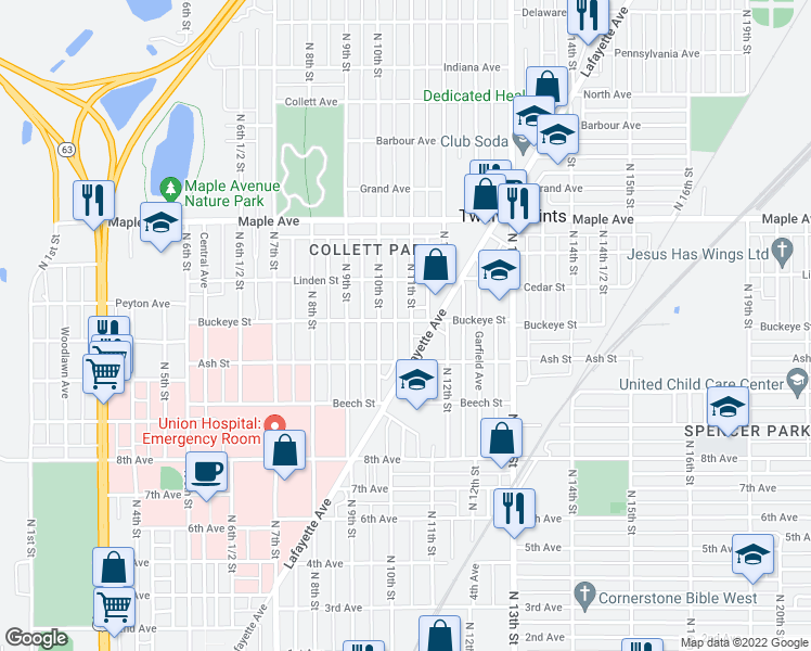 map of restaurants, bars, coffee shops, grocery stores, and more near 1840 North 11th Street in Terre Haute