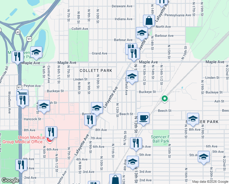 map of restaurants, bars, coffee shops, grocery stores, and more near 1131-1151 Buckeye St in Terre Haute