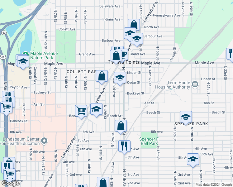 map of restaurants, bars, coffee shops, grocery stores, and more near 1841 Garfield Avenue in Terre Haute