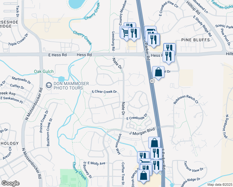 map of restaurants, bars, coffee shops, grocery stores, and more near 19292 East Clear Creek Drive in Parker
