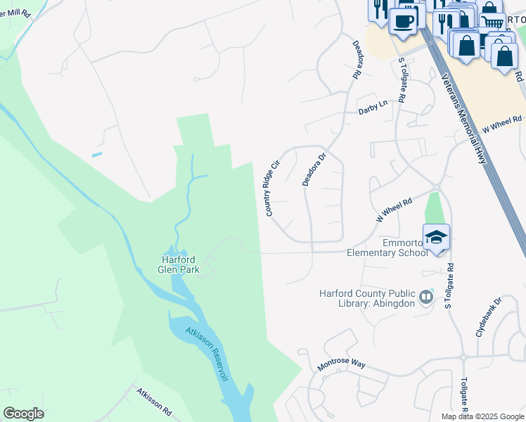 map of restaurants, bars, coffee shops, grocery stores, and more near 527 Country Ridge Circle in Bel Air