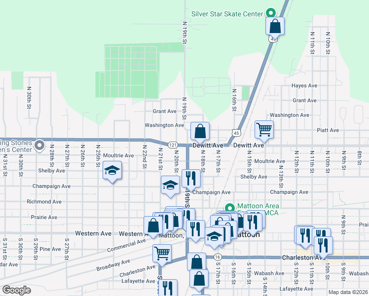 map of restaurants, bars, coffee shops, grocery stores, and more near 1901 Dewitt Avenue in Mattoon