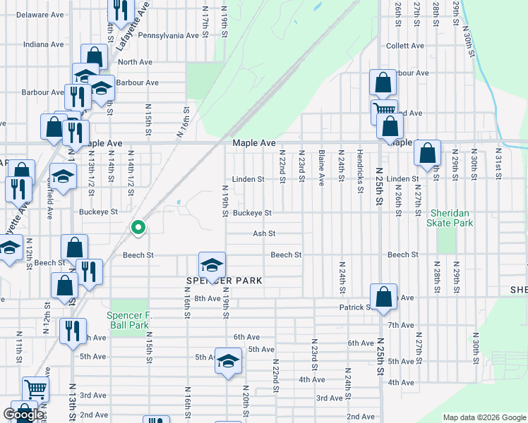 map of restaurants, bars, coffee shops, grocery stores, and more near 2003 North 21st Street in Terre Haute